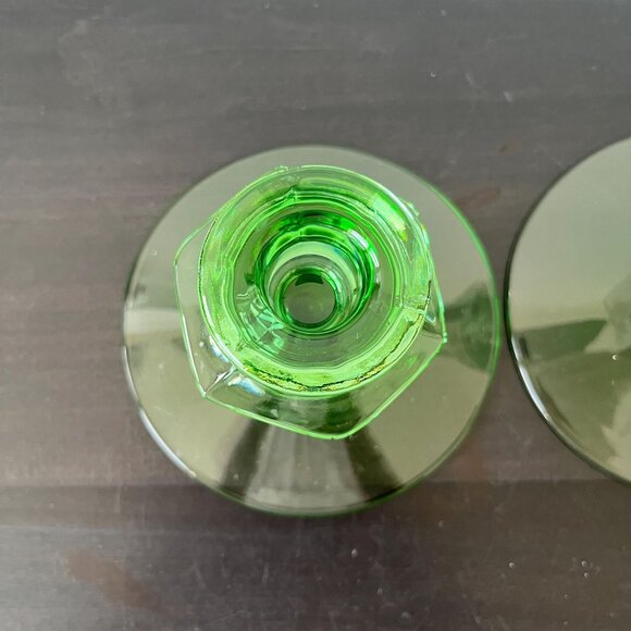 Vintage Fostoria Green Uranium Glass Candle Holders // Set of 2 // Fairfax Taper - Picture 4 of 6